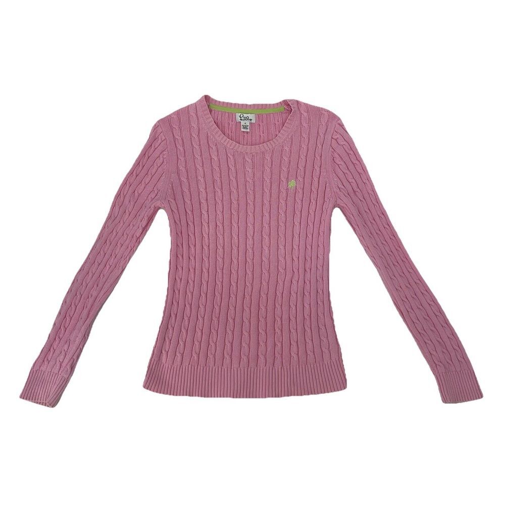 Lilly Pulitzer White label cable knit crew neck pink sweater green palm tree Med